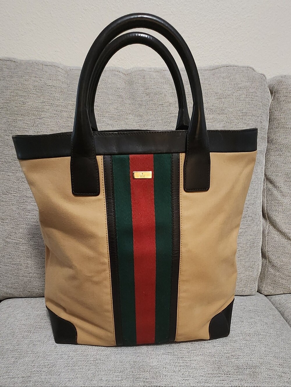 Gucci Tan Canvas Tote with Red and Green Center Stripe and Black Trim